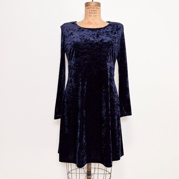 Vintage 90s Long Sleeve Dark Blue Crushed Velvet Empire Waist Dress Size 8 - Picture 1 of 14